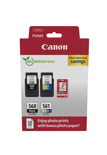 CANON PG-560/CL561 PHOTO VALUE PACK 2 CONFEZIONI NERO + COLORE CIANO MAGENTA GIALLO + 50 FOGLI CARTA FOTOGRAFICA