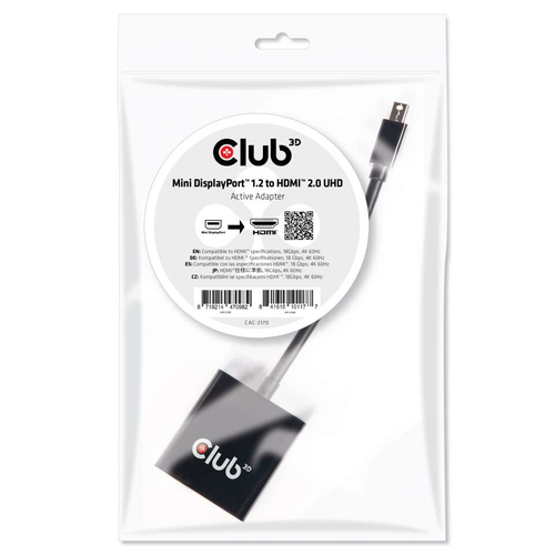 CLUB3D ADATTATORE MINI DISPLAYPORT 1.2 MALE TO HDMI 2.0 FEMALE 4K 60HZ UHD/3D ACTIVE