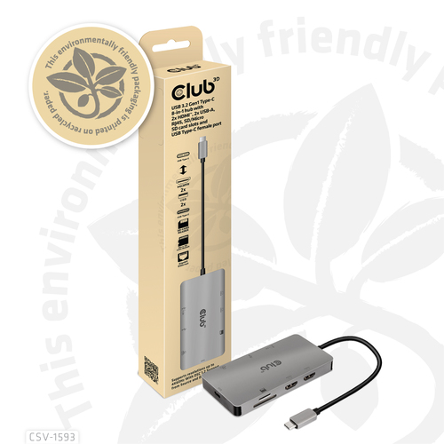 CLUB3D USB 3.2 GEN1 TYPE-C 8-IN-1 HUB WITH 2X HDMI, 2X USB-A, RJ45, SD/MICRO SD CARD SLOTS AND USB