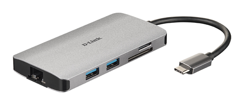 D-LINK HUB USB-C 8-IN-1 CON HDMI, ETHERNET, LETTORE CARD E POWER DELIVERY 60W, USCITE: HDMI x1, Ethernet x1, USB 3.0 x3, USB-C x1, SD x1, TF x1, HDMI FINO A 4K, PLUG AND PLAY