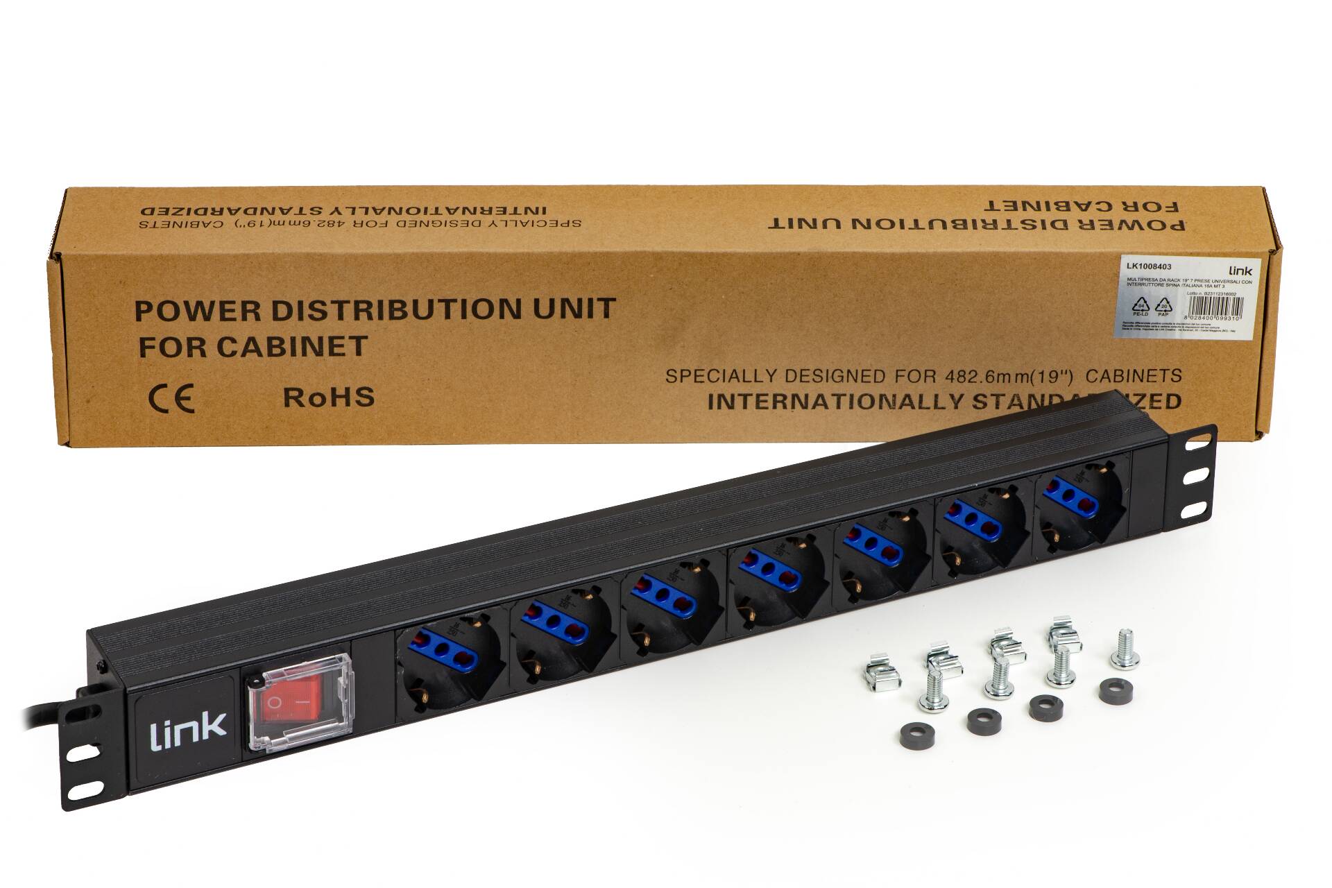 MULTIPRESA DA RACK 19 7 PRESE UNIVERSALI CON INTERRUTTORE SPINA ITALIANA 16A CAVO MT 3