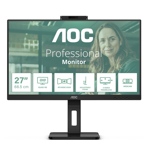 AOC MONITOR 27 LED IPS QHD 16:9 4MS 350 CDM, WEBCAM, PIVOT, DP/2HDMI, MULTIMEDIALE, SCAT APERTA