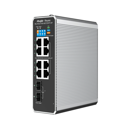 REYEE CLOUD INDUSTRIAL SWITCH L2 FULL MANAGED IP40, 8XRJ45 GIGABIT, 2XSFP, 7 P. POE+ E 1 P. POE++